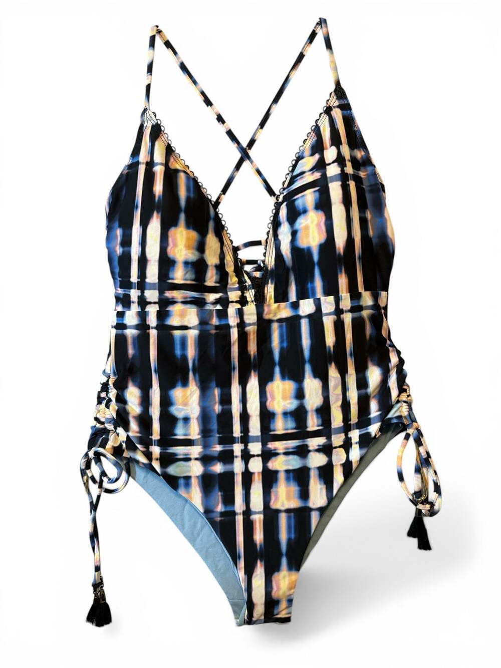 Lucky Brand Tie Dye Plunge Front Ruched One Piece Swimsuit